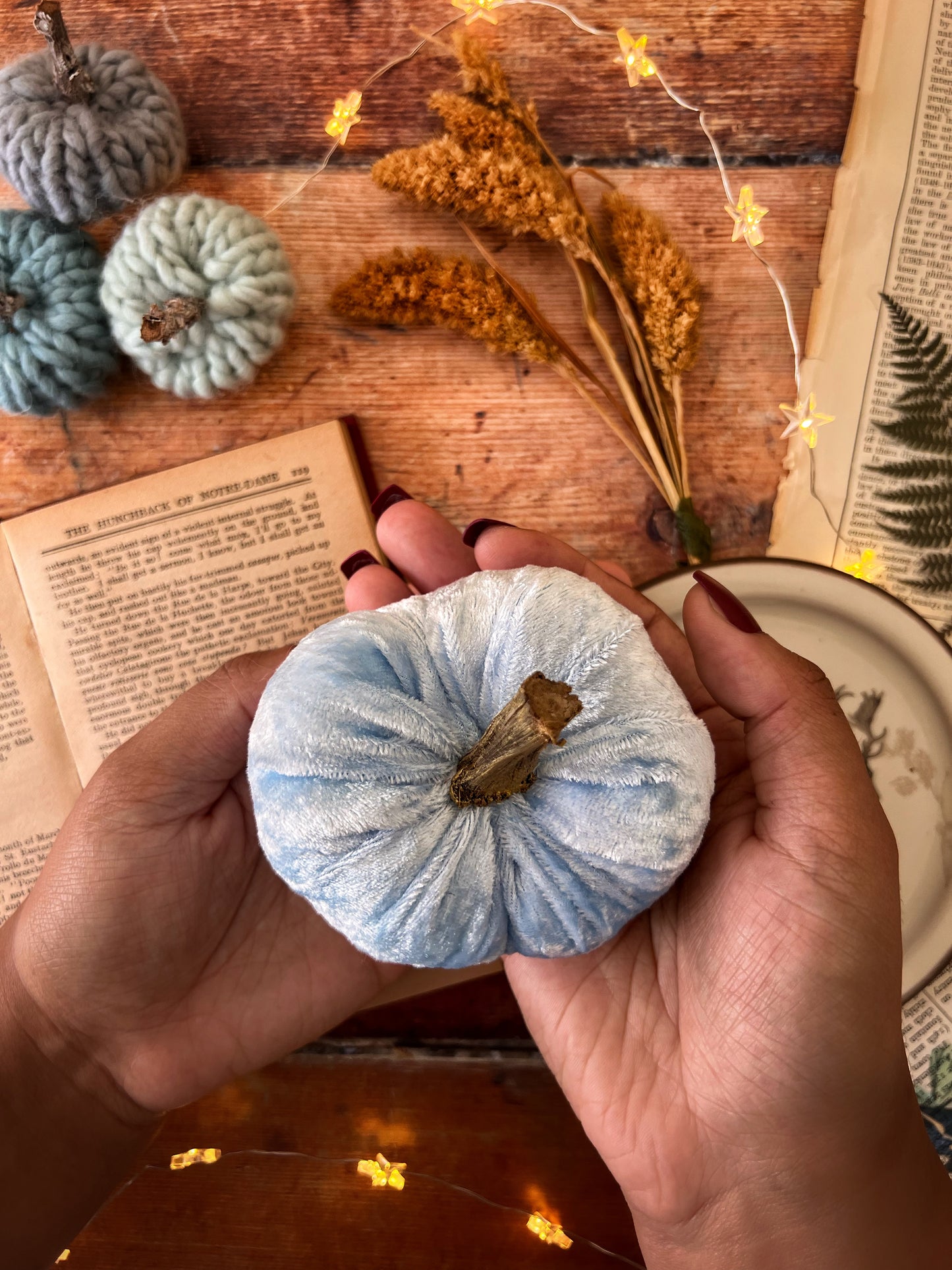 Mini velvet pumpkin iced blue with gold stalk