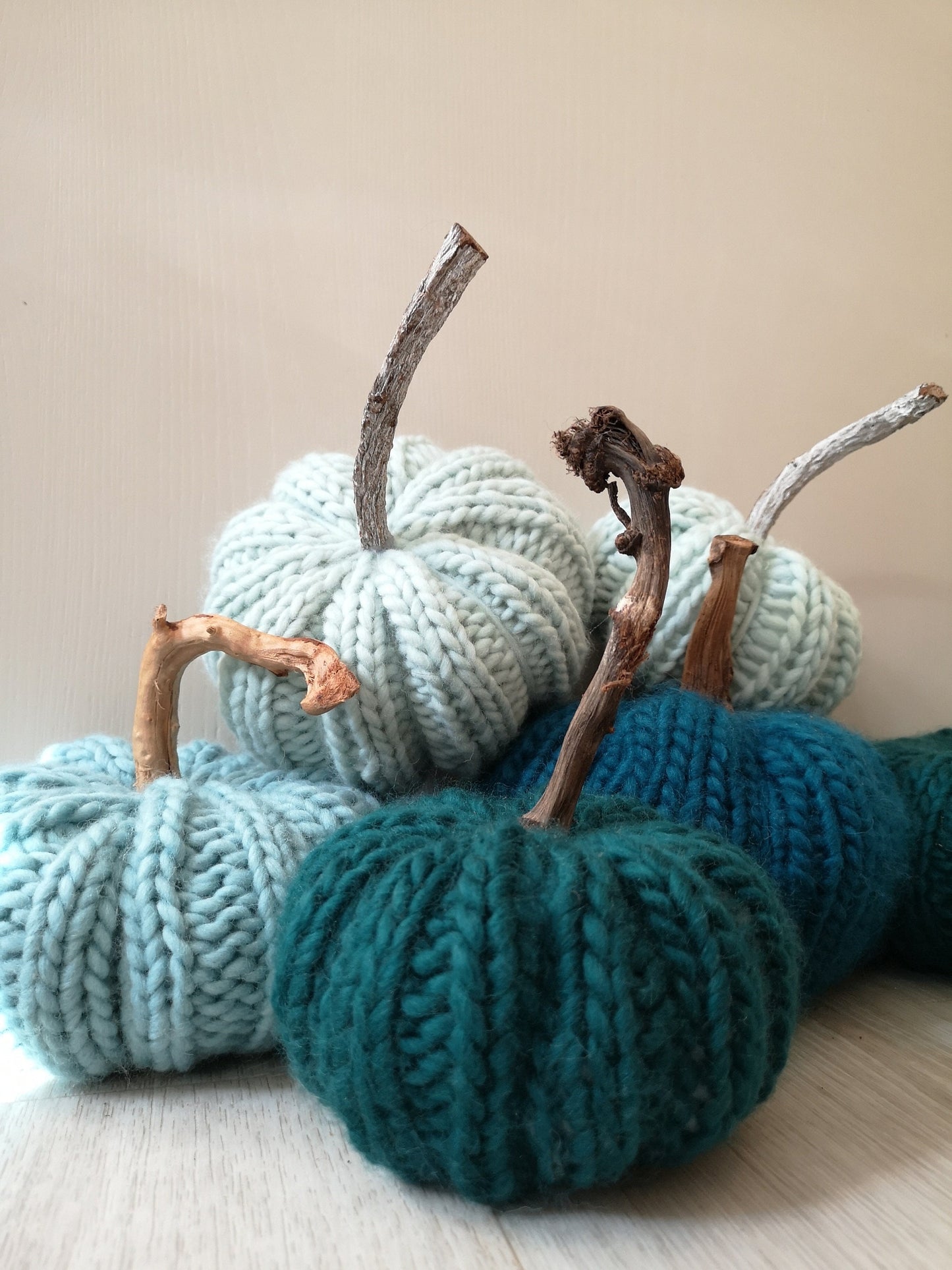 Mint knitted pumpkins small and medium