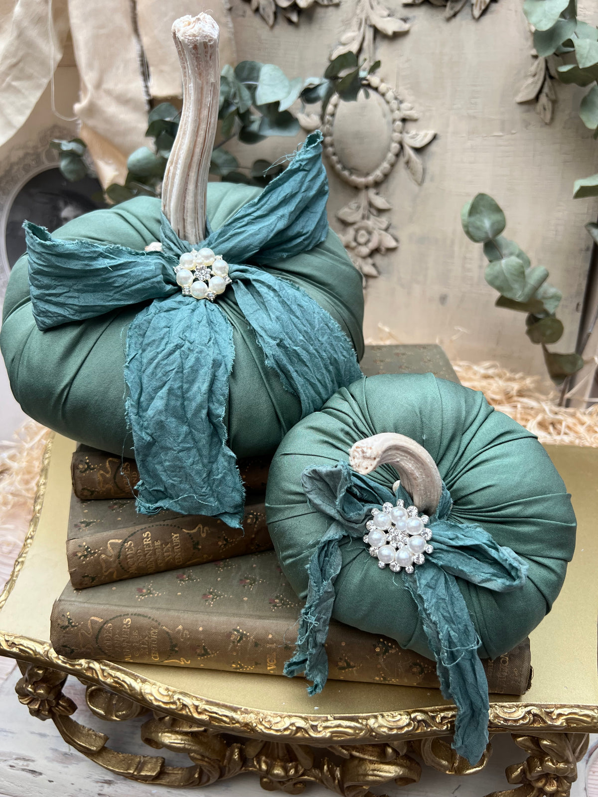 Handmade Green Fabric Pumpkins with Real Stems, Pearl Embellishment (Set of 2)