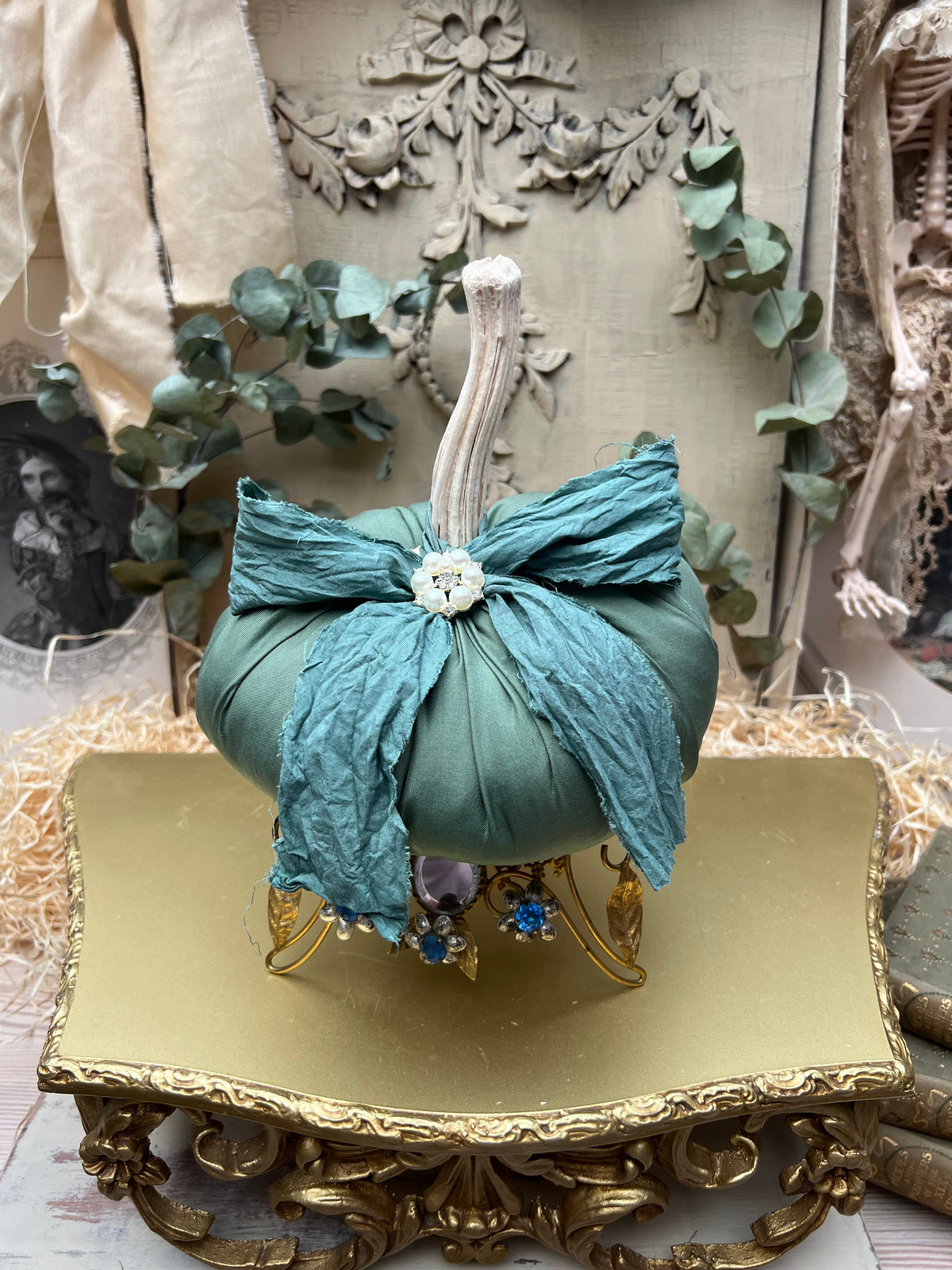 Handmade Green Fabric Pumpkins with Real Stems, Pearl Embellishment (Set of 2)