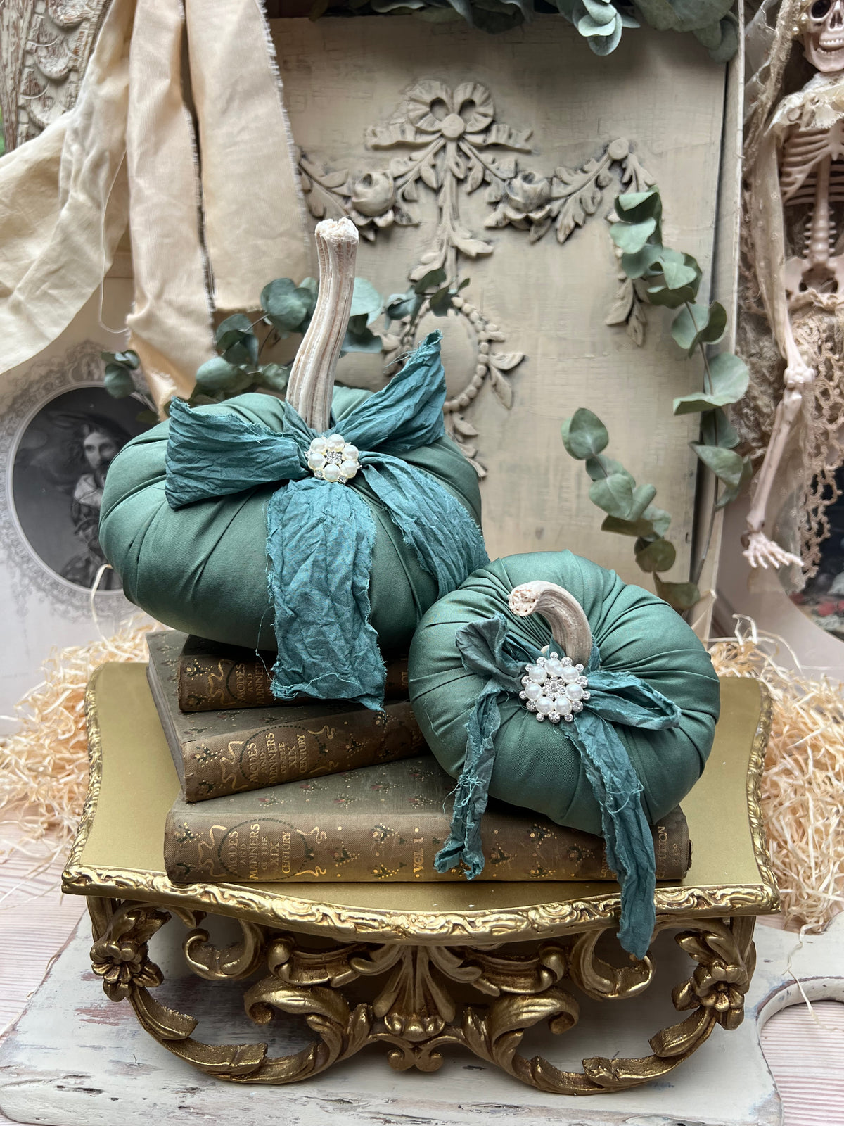 Handmade Green Fabric Pumpkins with Real Stems, Pearl Embellishment (Set of 2)