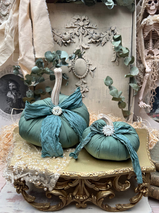 Handmade Green Fabric Pumpkins with Real Stems, Pearl Embellishment (Set of 2)