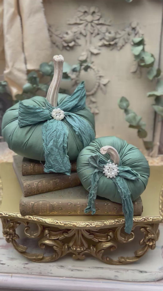 Handmade Green Fabric Pumpkins with Real Stems, Pearl Embellishment (Set of 2)