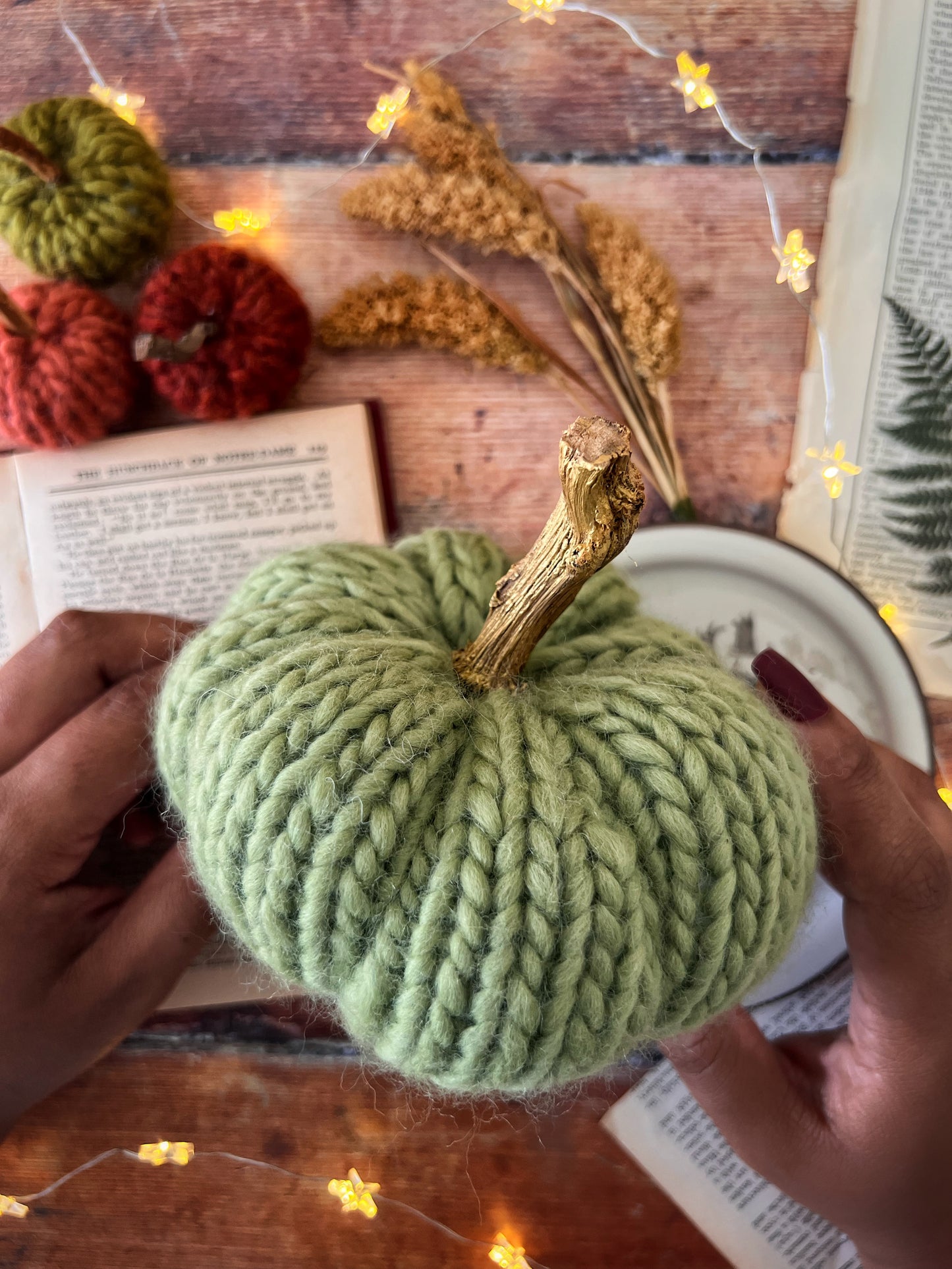 Little knitted pumpkin green meadow with gold stalk