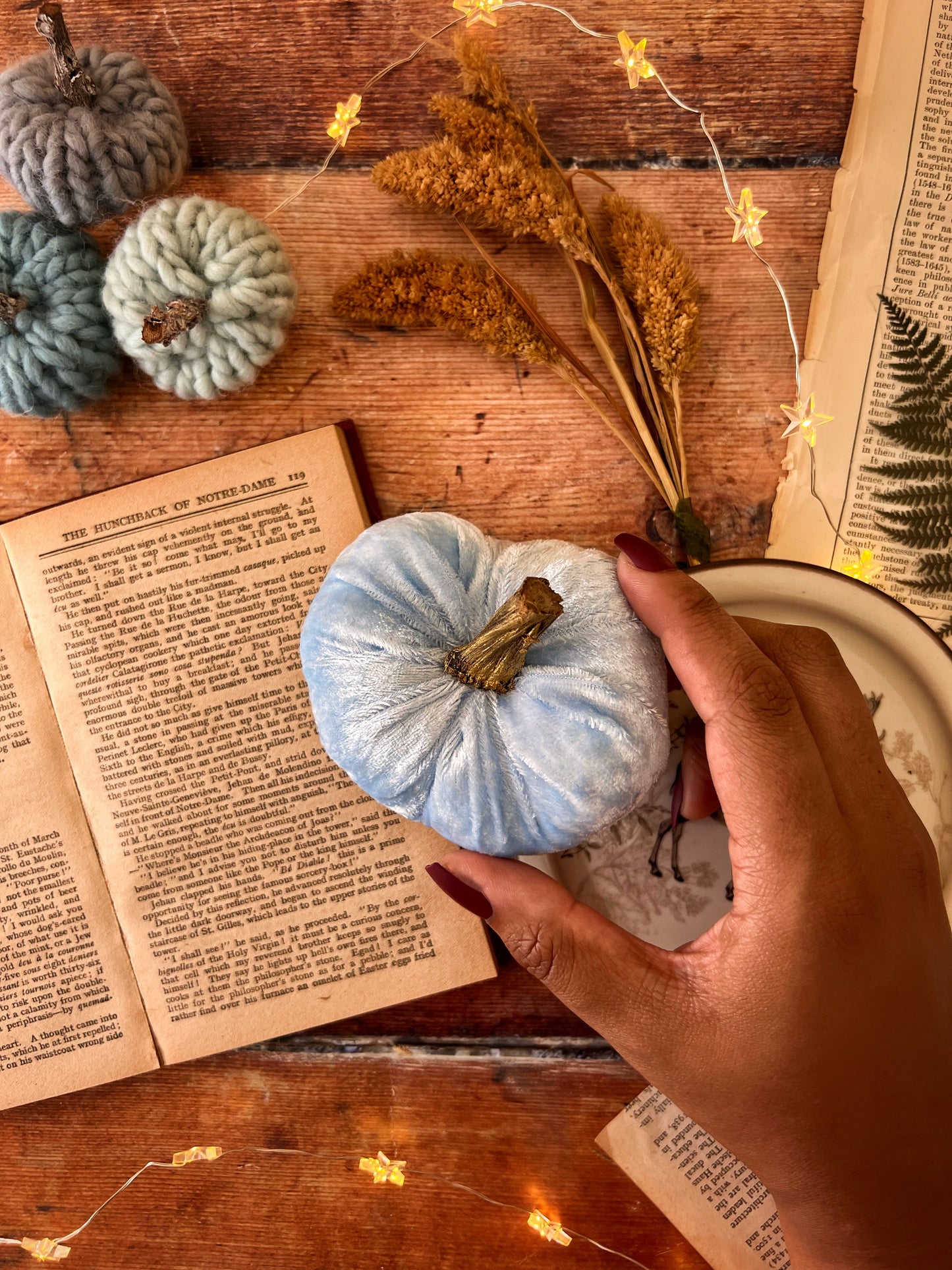 Mini velvet pumpkin iced blue with gold stalk