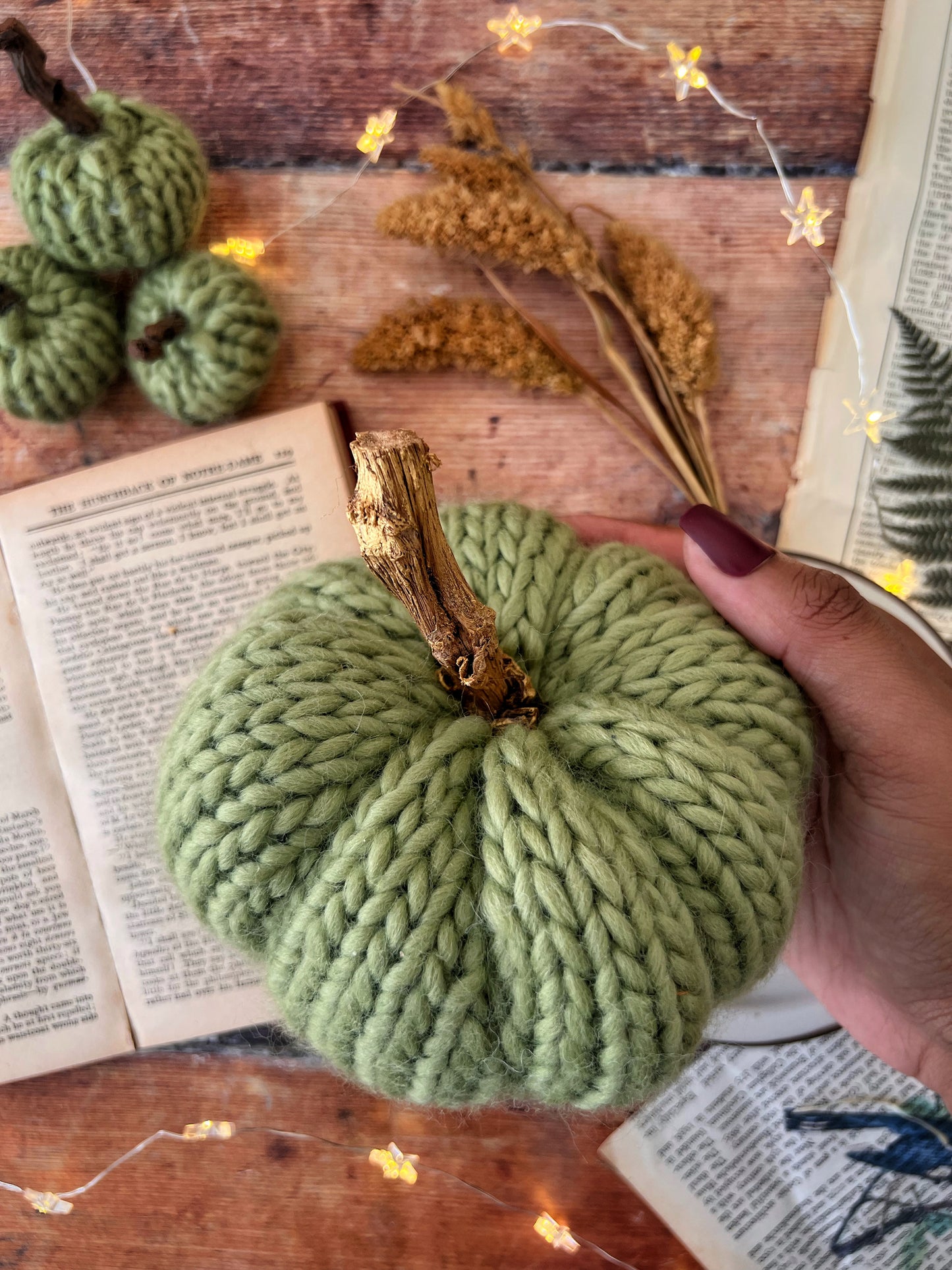 Little knitted pumpkin green meadow with gold stalk