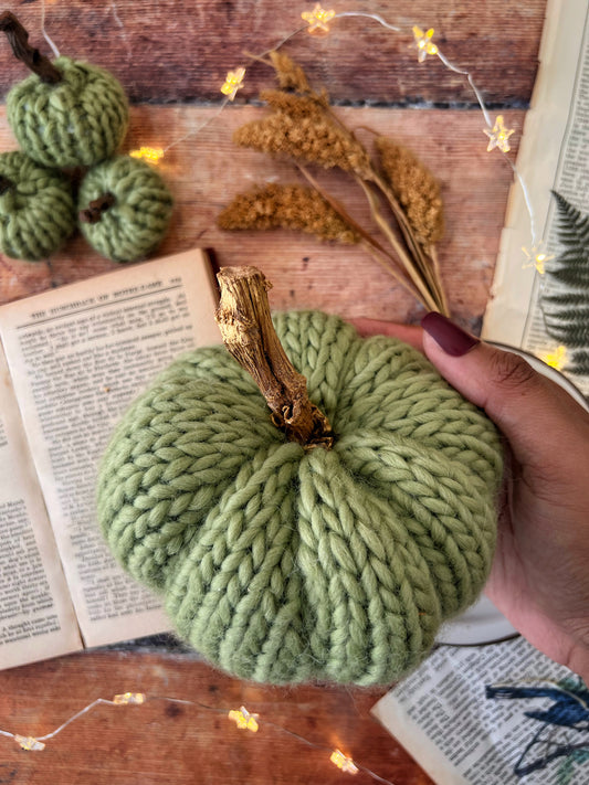 Little knitted pumpkin green meadow with gold stalk