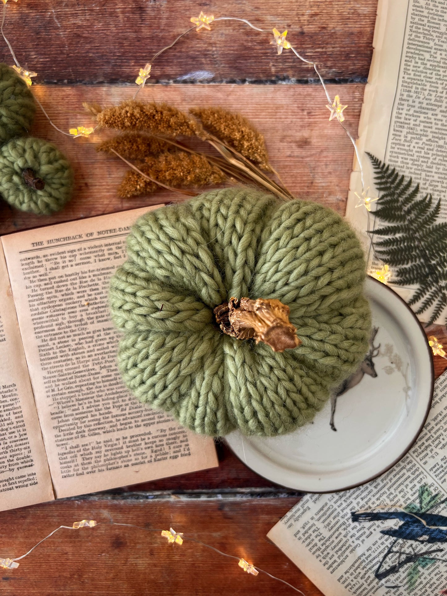 Little knitted pumpkin green meadow with gold stalk