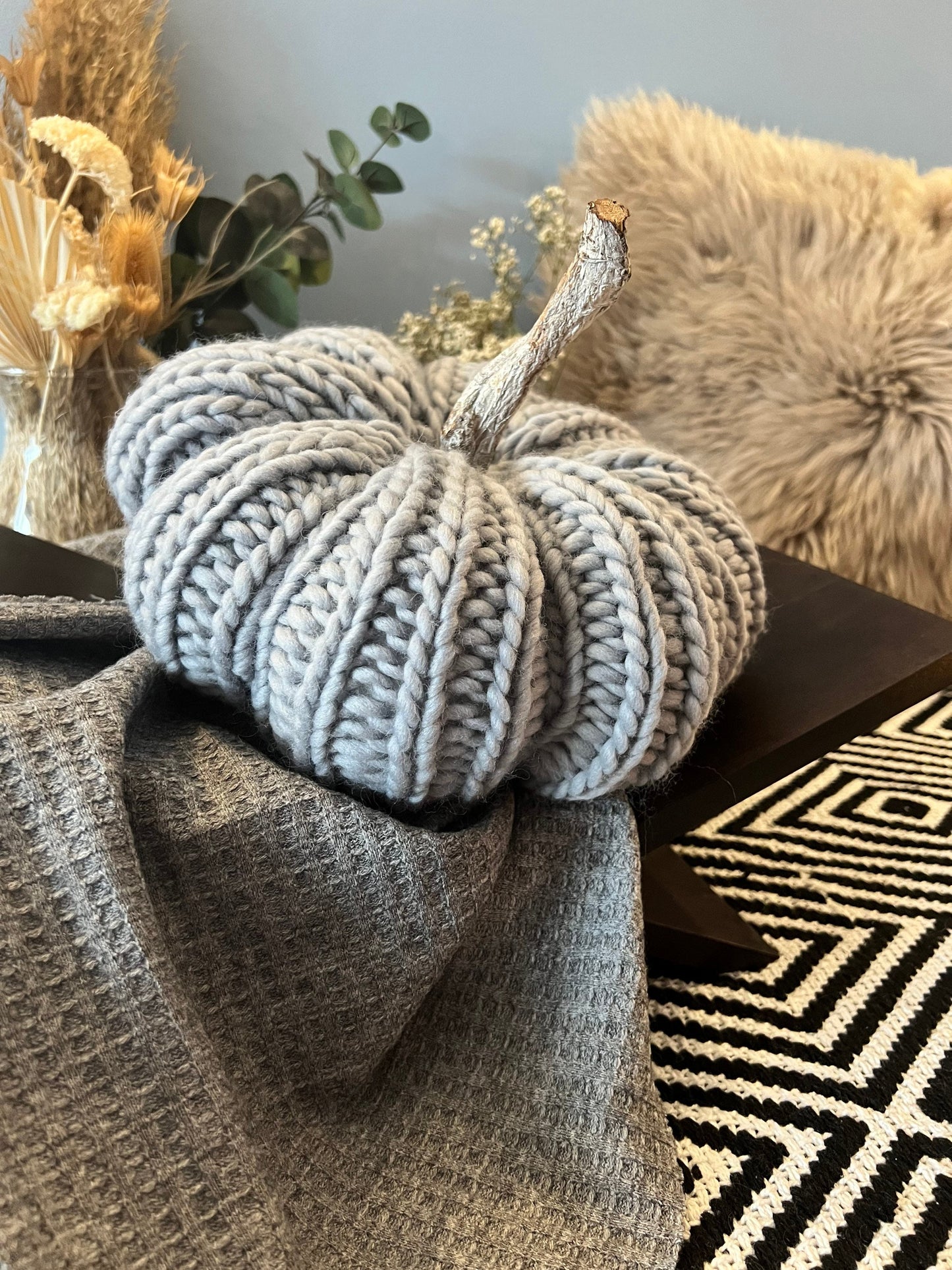 Large grey knitted pumpkin